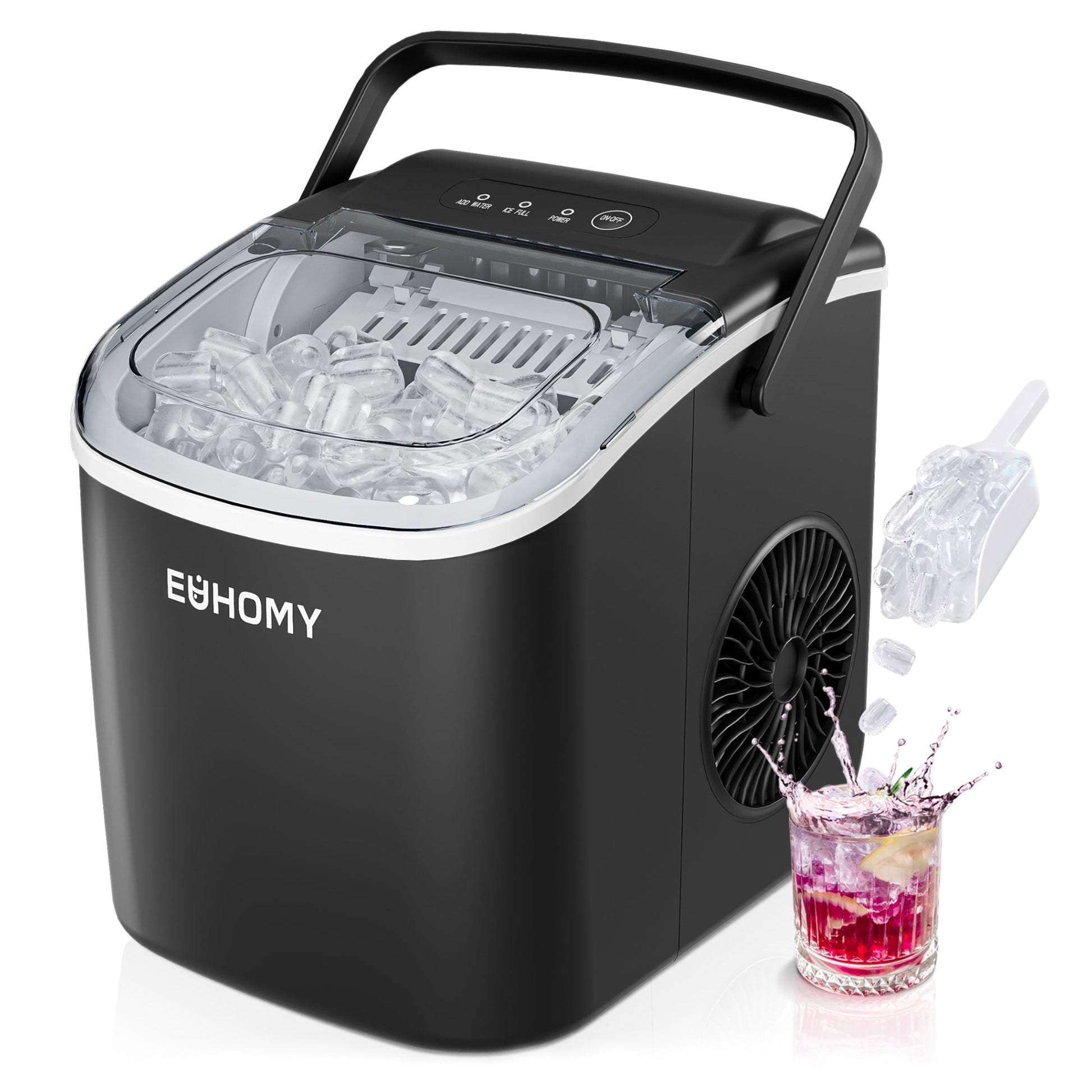 EUHOMY 12'' Black Bullet Ice Portable Low Noise Ice Maker with Handle Includes 2 Bottles of Cleaner - Euhomy