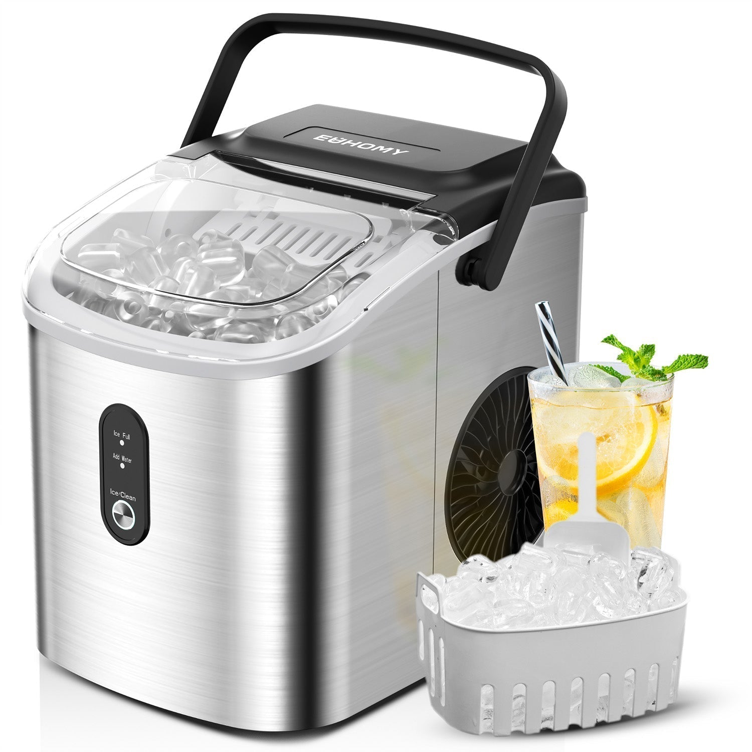 EUHOMY Countertop Ice Maker Machine with Handle 26.3lbs per Day 9 Bullet in 6 Mins Includes 2 Bottles of Cleaner - Euhomy