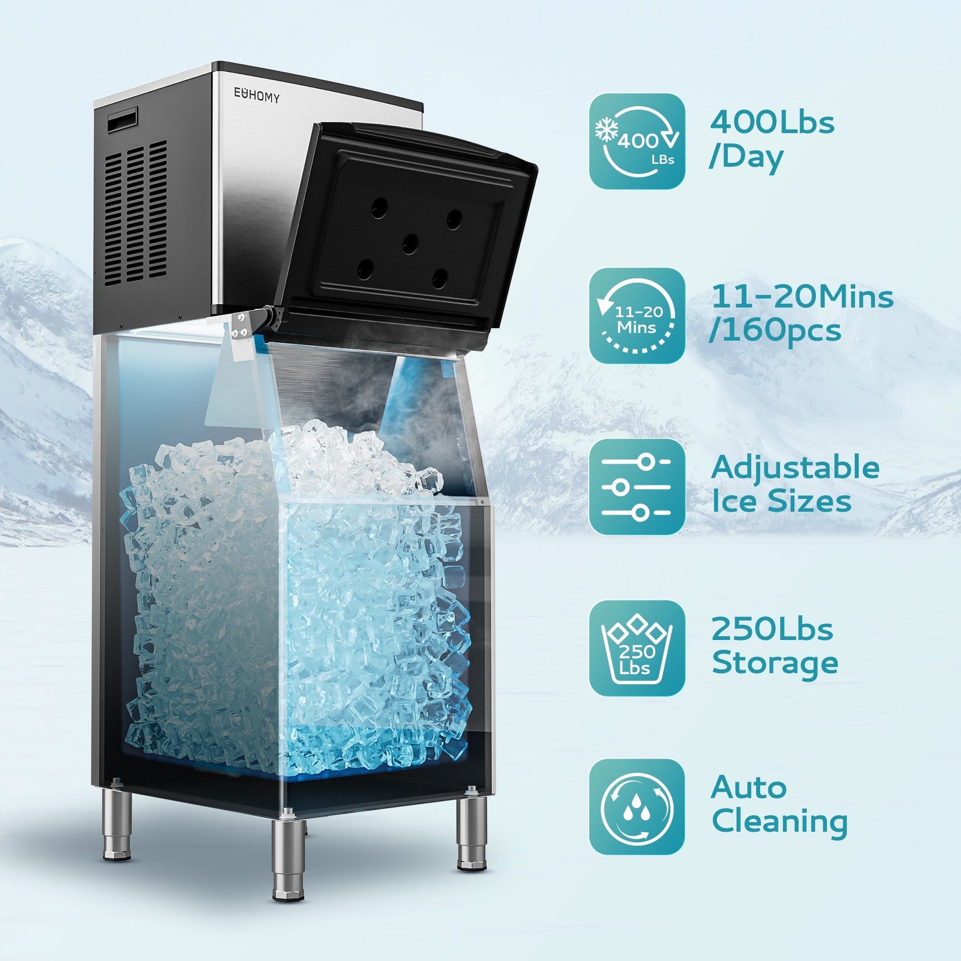 EUHOMY 339/449Lbs/24H Easy Use Commercial Ice Maker Machine Includes 2 Bottles of Cleaner - Euhomy