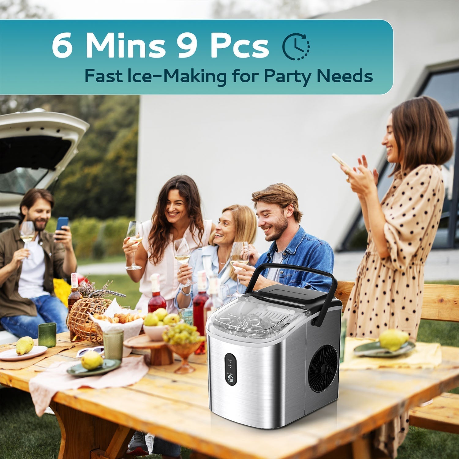 EUHOMY Countertop Ice Maker Machine with Handle 26.3lbs per Day 9 Bullet in 6 Mins Includes 2 Bottles of Cleaner - Euhomy