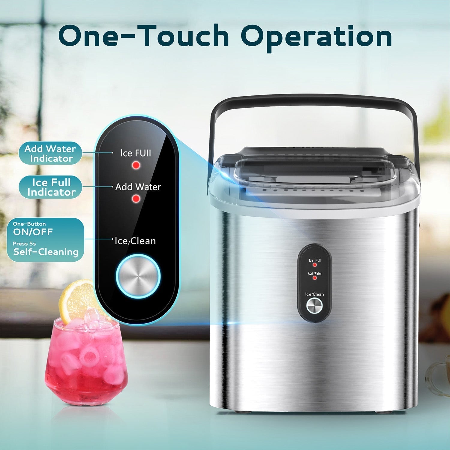 EUHOMY Countertop Ice Maker Machine with Handle 26.3lbs per Day 9 Bullet in 6 Mins Includes 2 Bottles of Cleaner - Euhomy