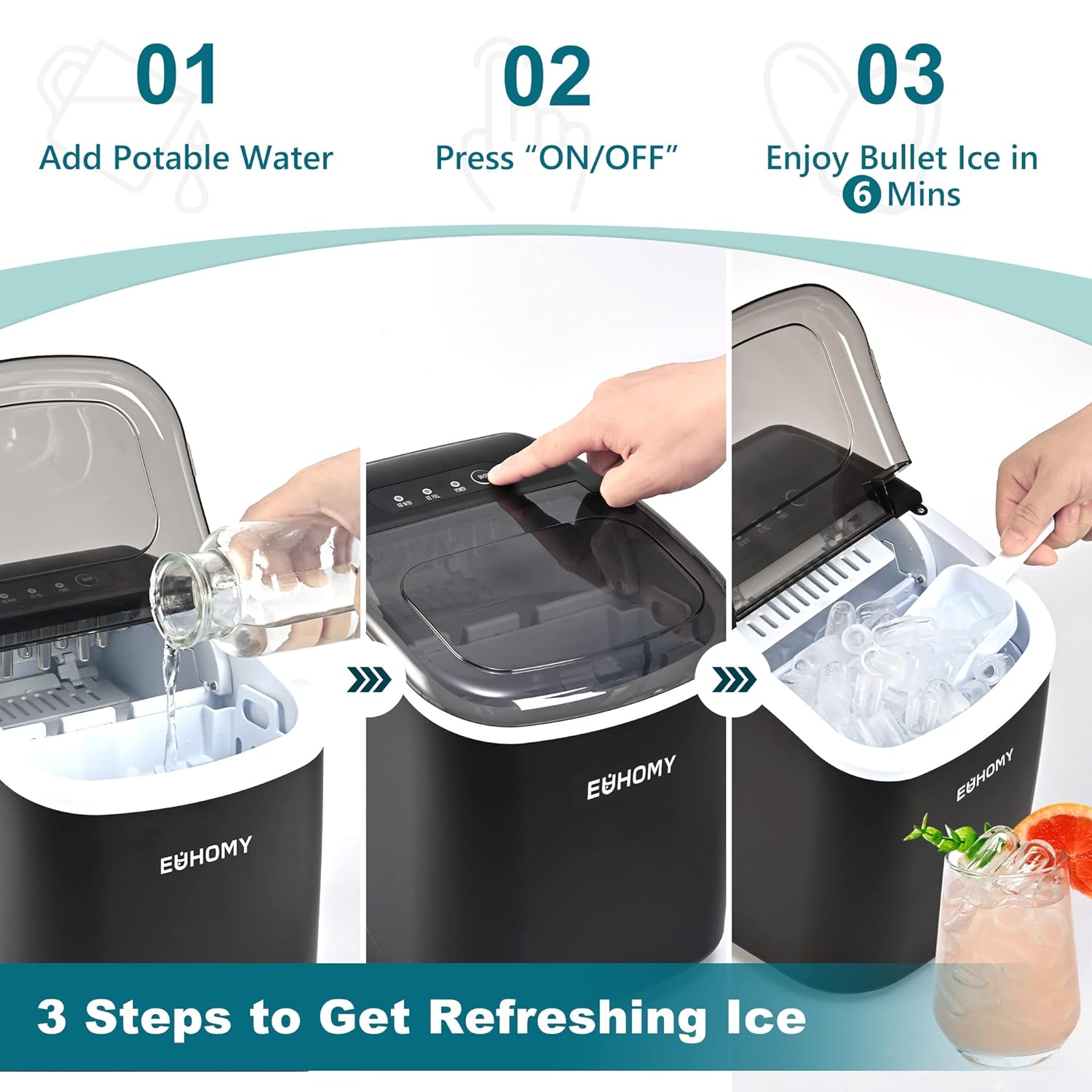 EUHOMY 12'' Black Bullet Ice Portable Low Noise Ice Maker with Handle Includes 2 Bottles of Cleaner - Euhomy