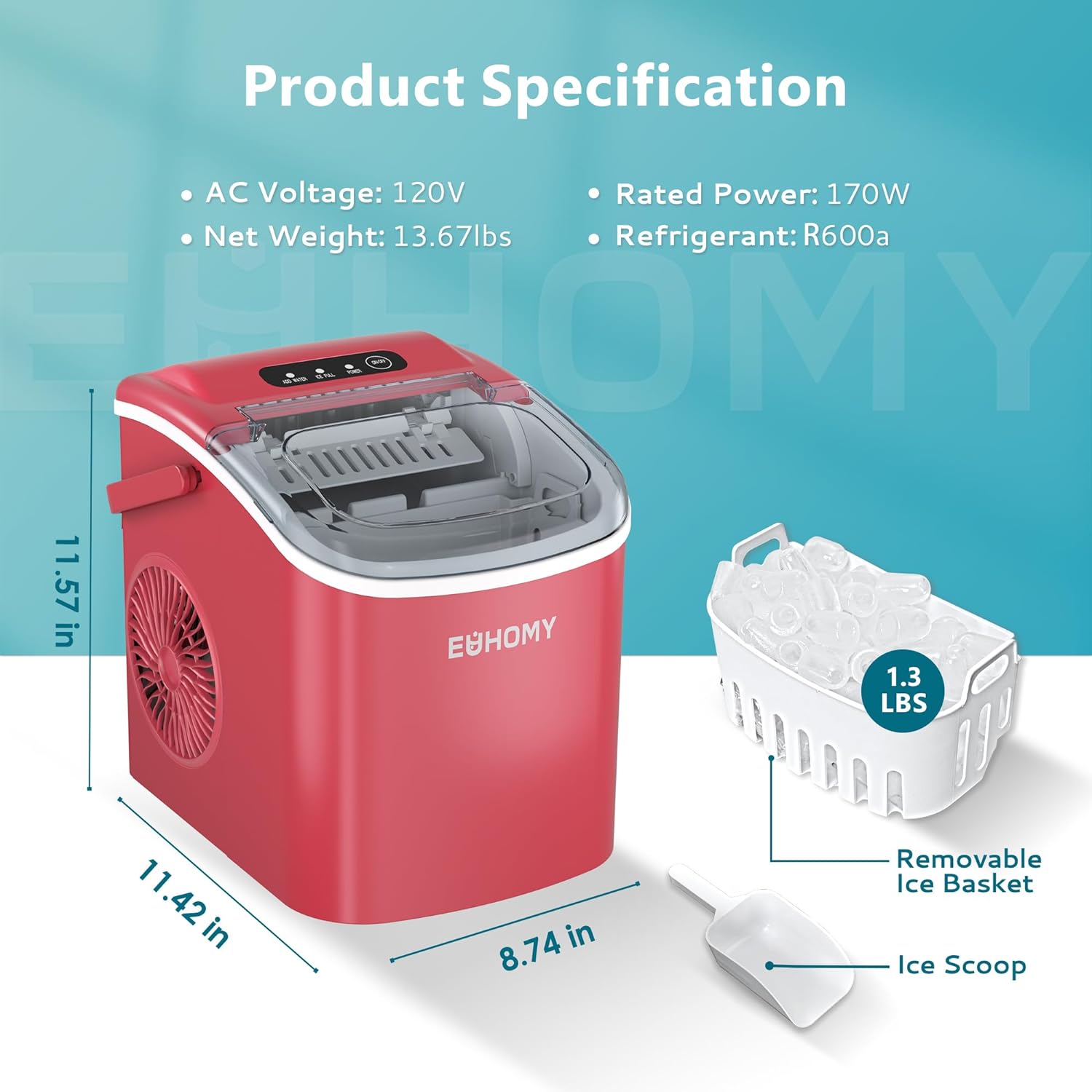 EUHOMY 12'' Red Bullet Ice Portable Self-Cleaning Ice Maker with Handle Includes 2 Bottles of Cleaner - Euhomy