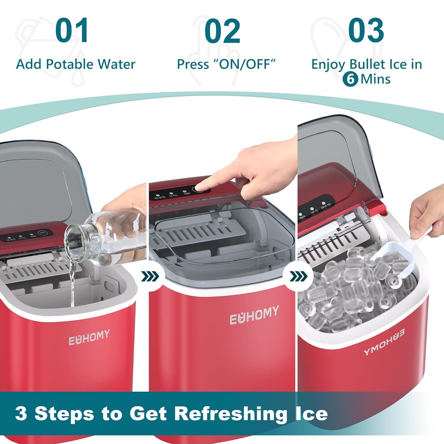 EUHOMY 12'' Red Bullet Ice Portable Self-Cleaning Ice Maker with Handle Includes 2 Bottles of Cleaner - Euhomy