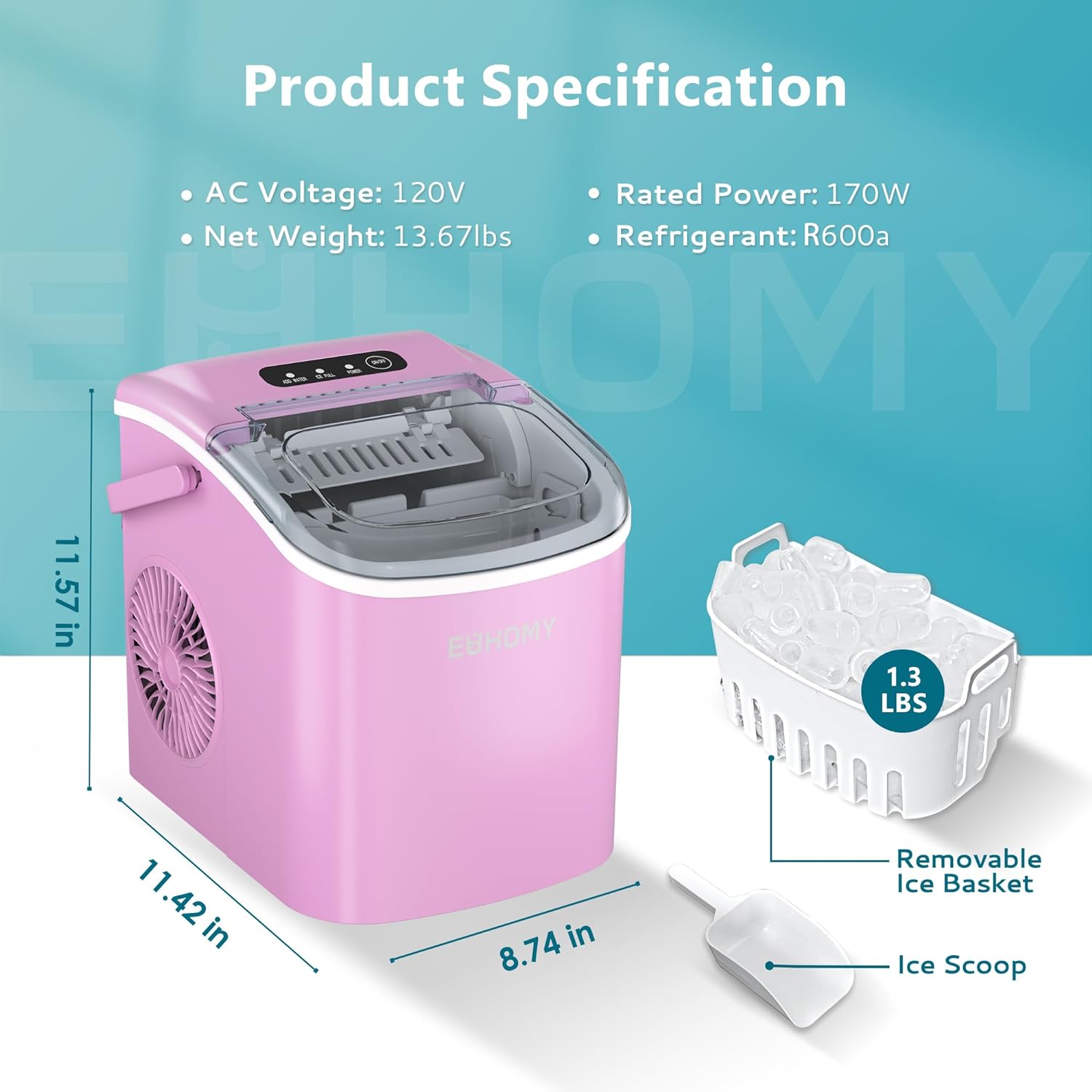 EUHOMY 12'' Pink Ultra Quieter Bullet Ice Portable Ice Maker with Handle Includes 2 Bottles of Cleaner - Euhomy