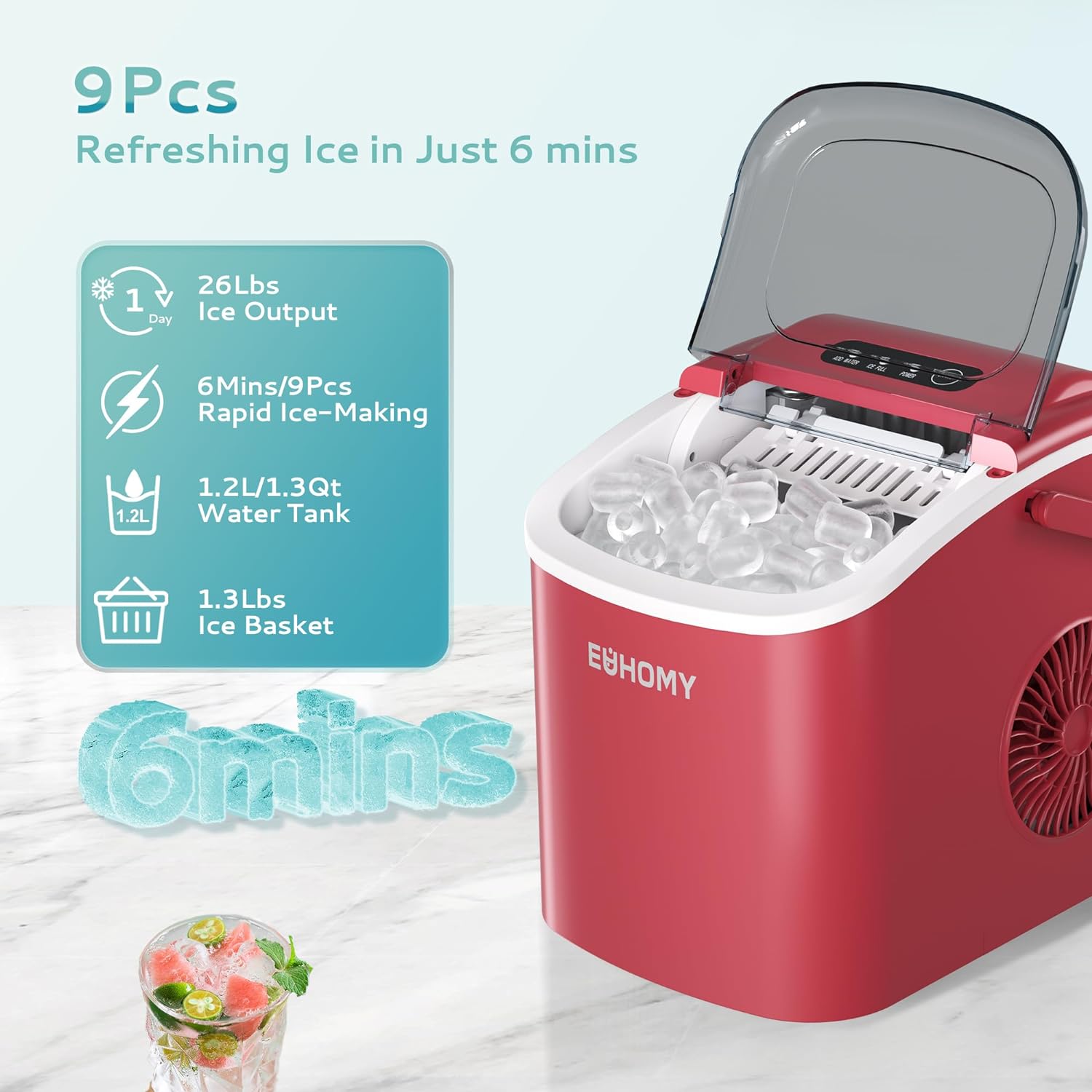 EUHOMY 12'' Red Bullet Ice Portable Self-Cleaning Ice Maker with Handle Includes 2 Bottles of Cleaner - Euhomy