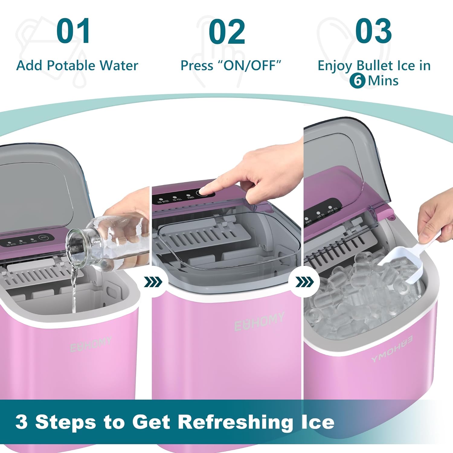 EUHOMY 12'' Pink Ultra Quieter Bullet Ice Portable Ice Maker with Handle Includes 2 Bottles of Cleaner - Euhomy