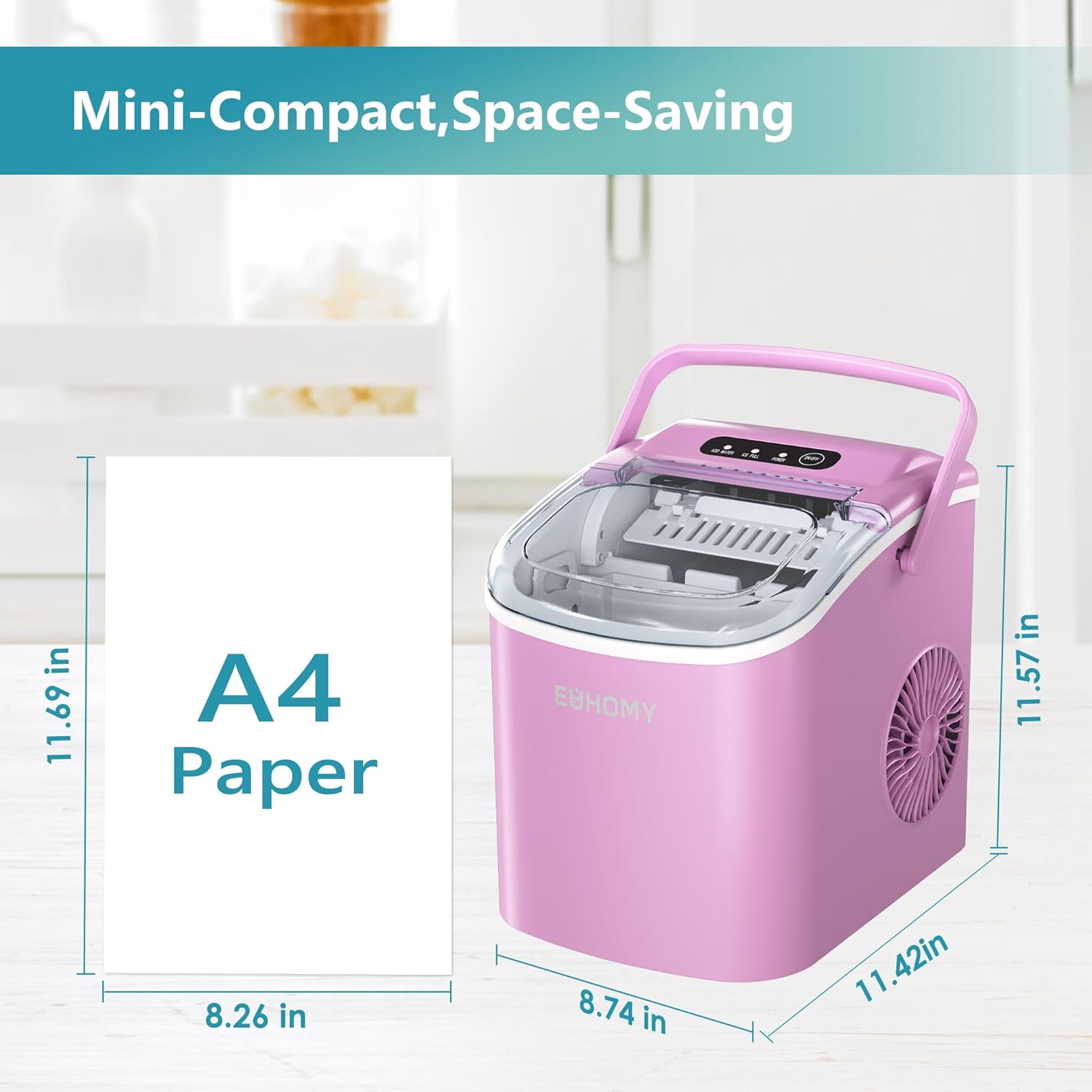 EUHOMY 12'' Pink Ultra Quieter Bullet Ice Portable Ice Maker with Handle Includes 2 Bottles of Cleaner - Euhomy