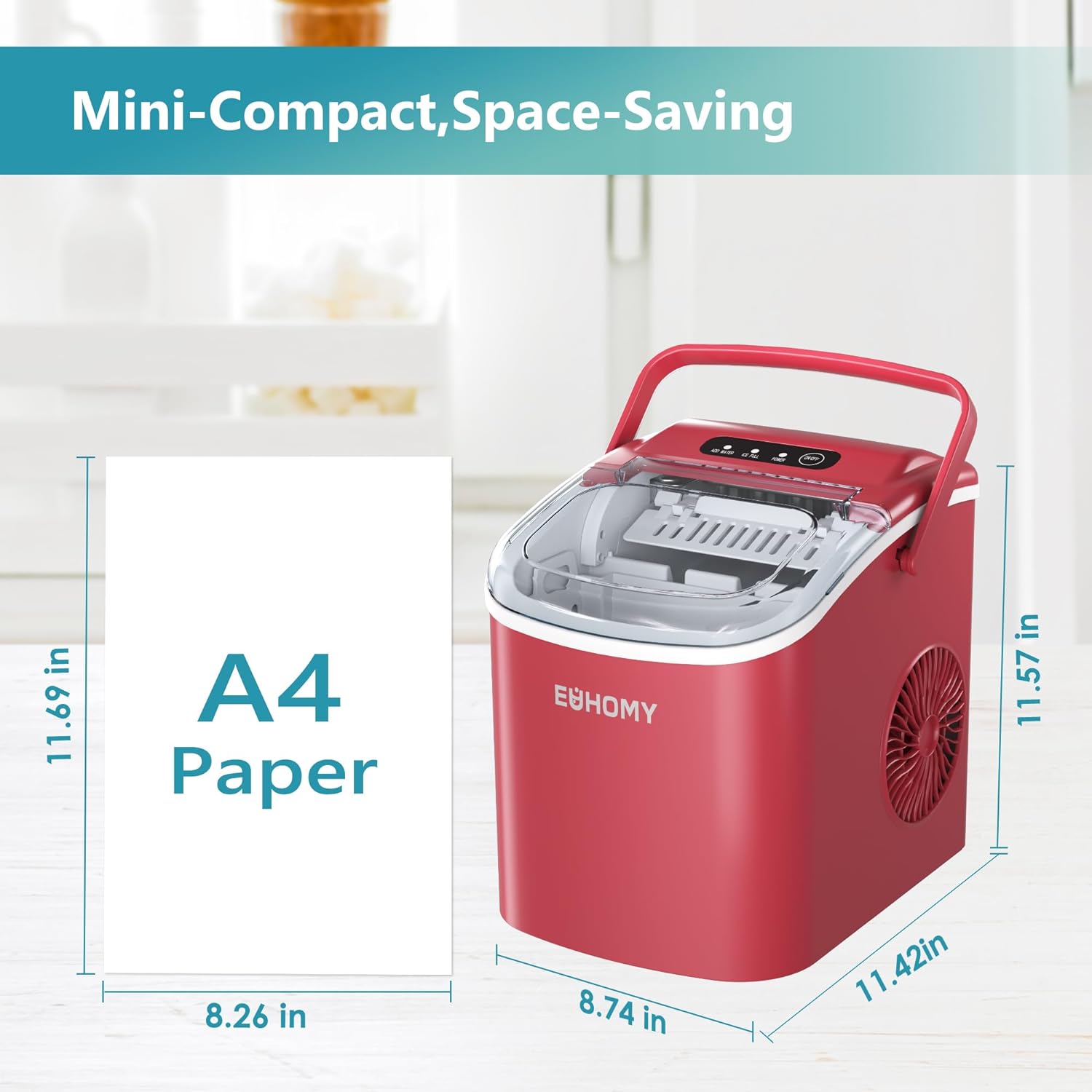 EUHOMY 12'' Red Bullet Ice Portable Self-Cleaning Ice Maker with Handle Includes 2 Bottles of Cleaner - Euhomy