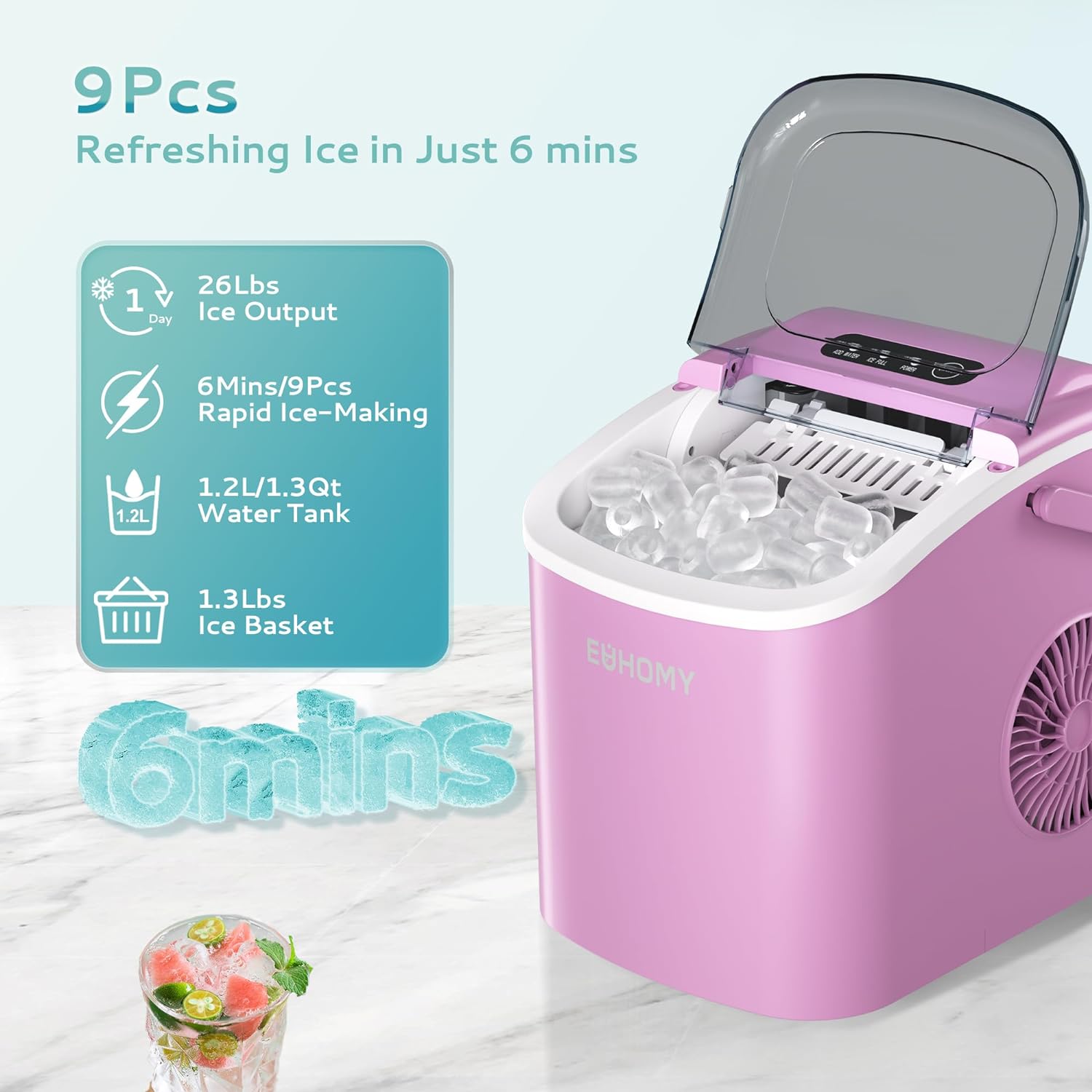 EUHOMY 12'' Pink Ultra Quieter Bullet Ice Portable Ice Maker with Handle Includes 2 Bottles of Cleaner - Euhomy