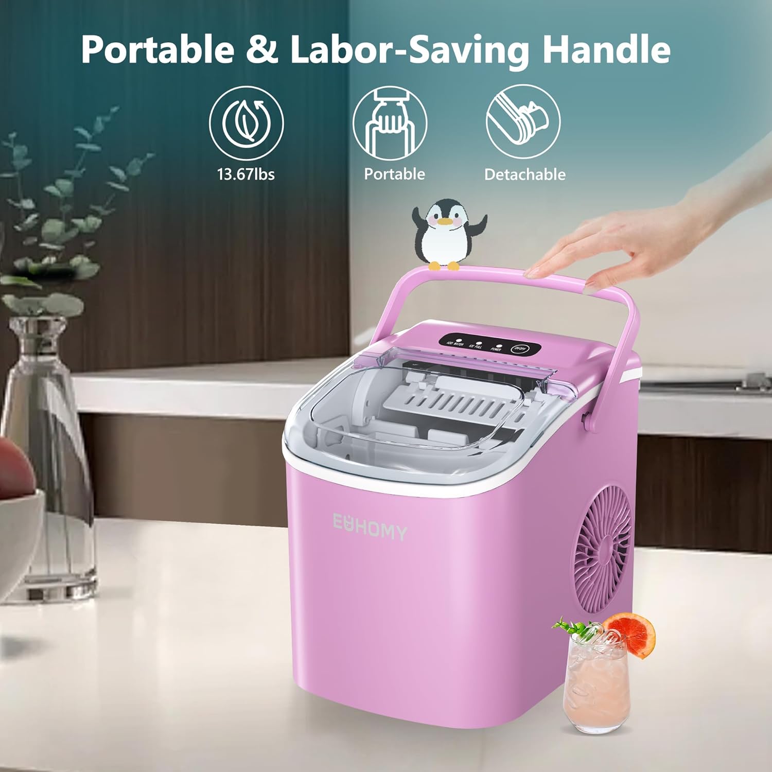 EUHOMY 12'' Pink Ultra Quieter Bullet Ice Portable Ice Maker with Handle Includes 2 Bottles of Cleaner - Euhomy