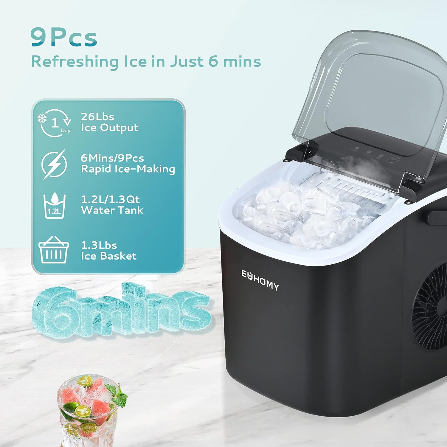EUHOMY 12'' Black Bullet Ice Portable Low Noise Ice Maker with Handle Includes 2 Bottles of Cleaner - Euhomy