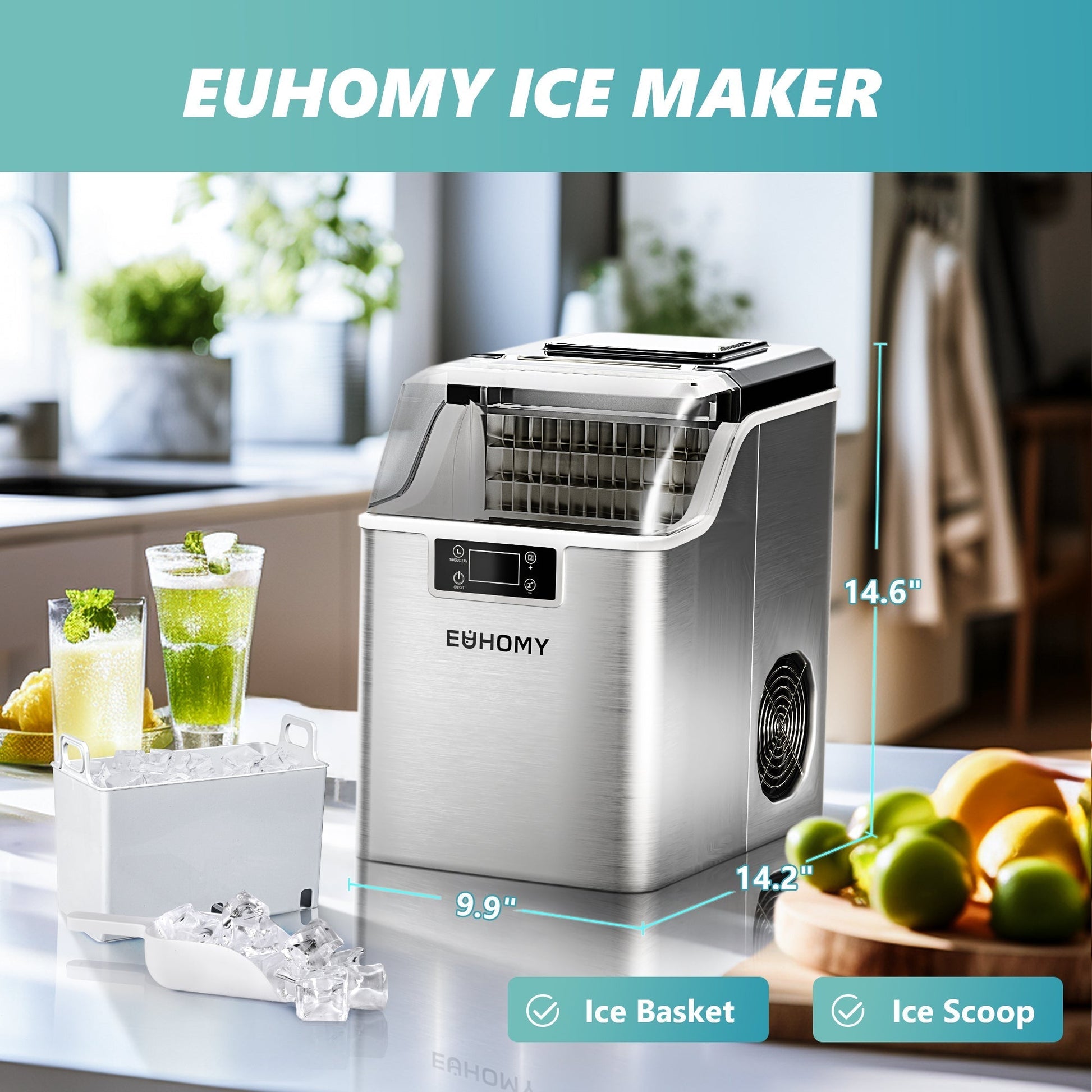 EUHOMY 14'' Cube Ice Compact Ice Maker Selectable Ice Thickness with Water Bucket Includes 2 Bottles of Cleaner - Euhomy