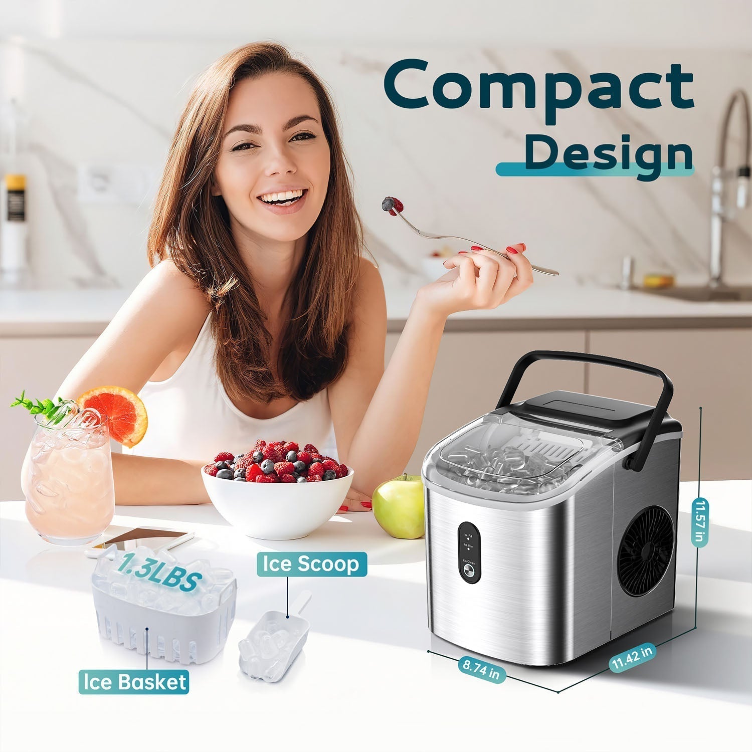 EUHOMY Countertop Ice Maker Machine with Handle 26.3lbs per Day 9 Bullet in 6 Mins Includes 2 Bottles of Cleaner - Euhomy
