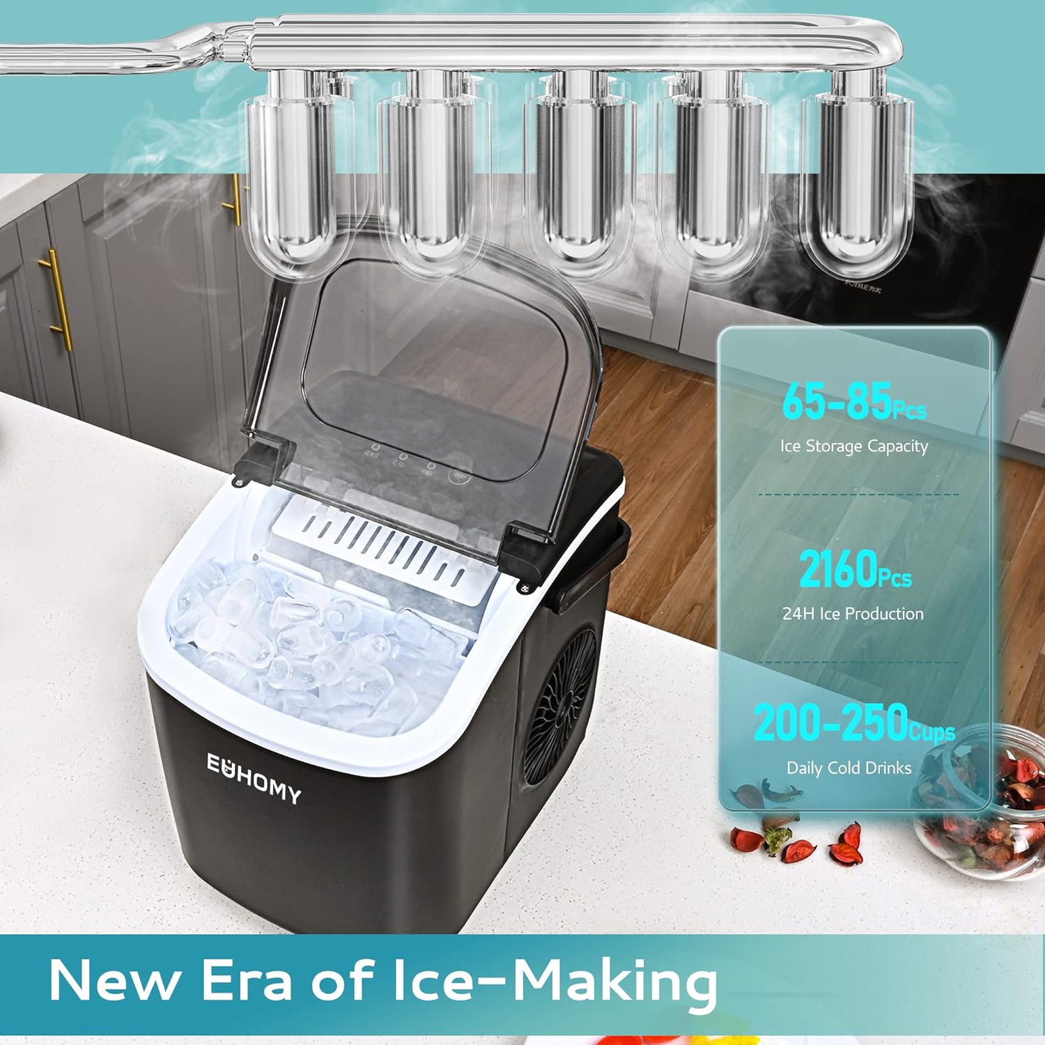 EUHOMY 12'' Black Bullet Ice Portable Low Noise Ice Maker with Handle Includes 2 Bottles of Cleaner - Euhomy