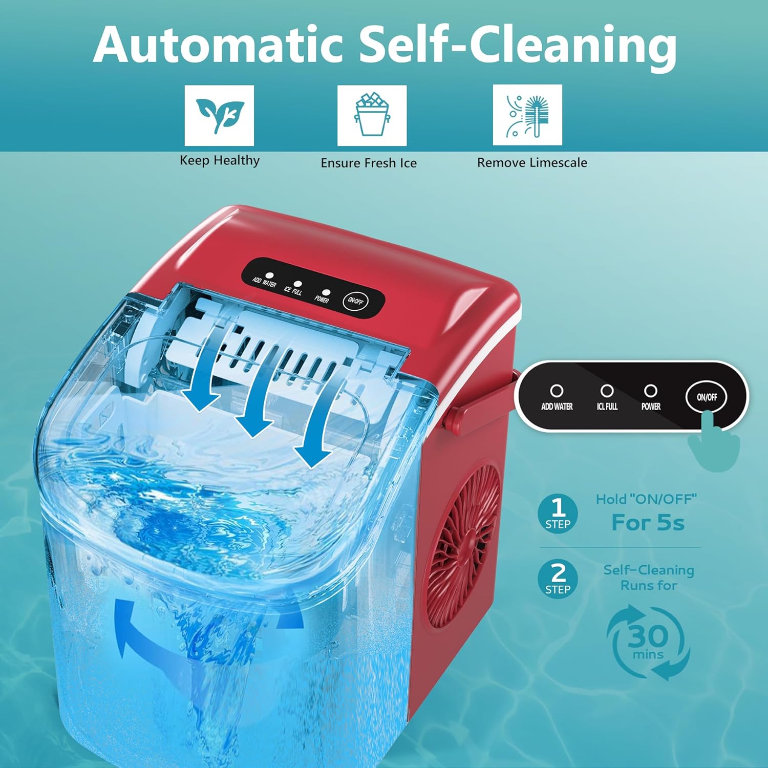 EUHOMY 12'' Red Bullet Ice Portable Self-Cleaning Ice Maker with Handle Includes 2 Bottles of Cleaner - Euhomy