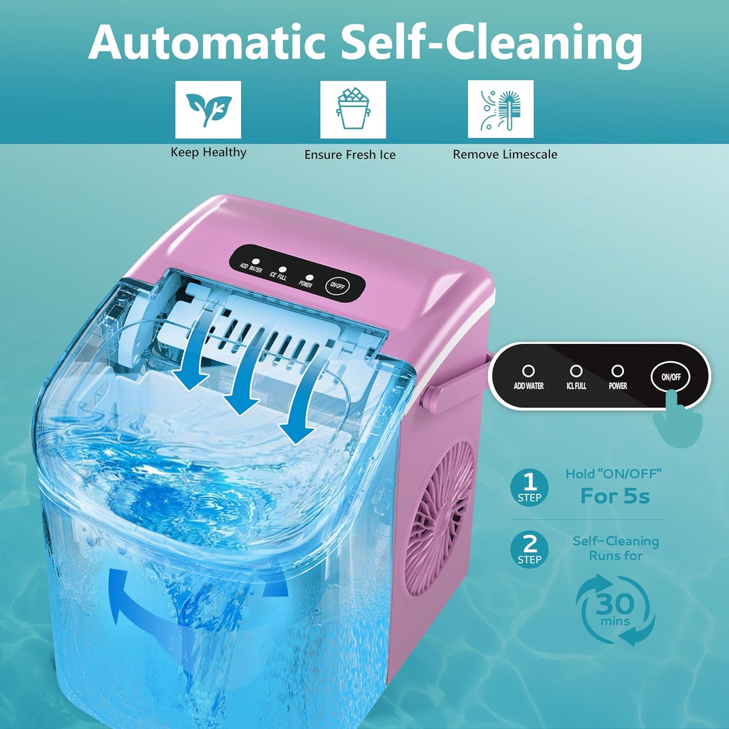 EUHOMY 12'' Pink Ultra Quieter Bullet Ice Portable Ice Maker with Handle Includes 2 Bottles of Cleaner - Euhomy