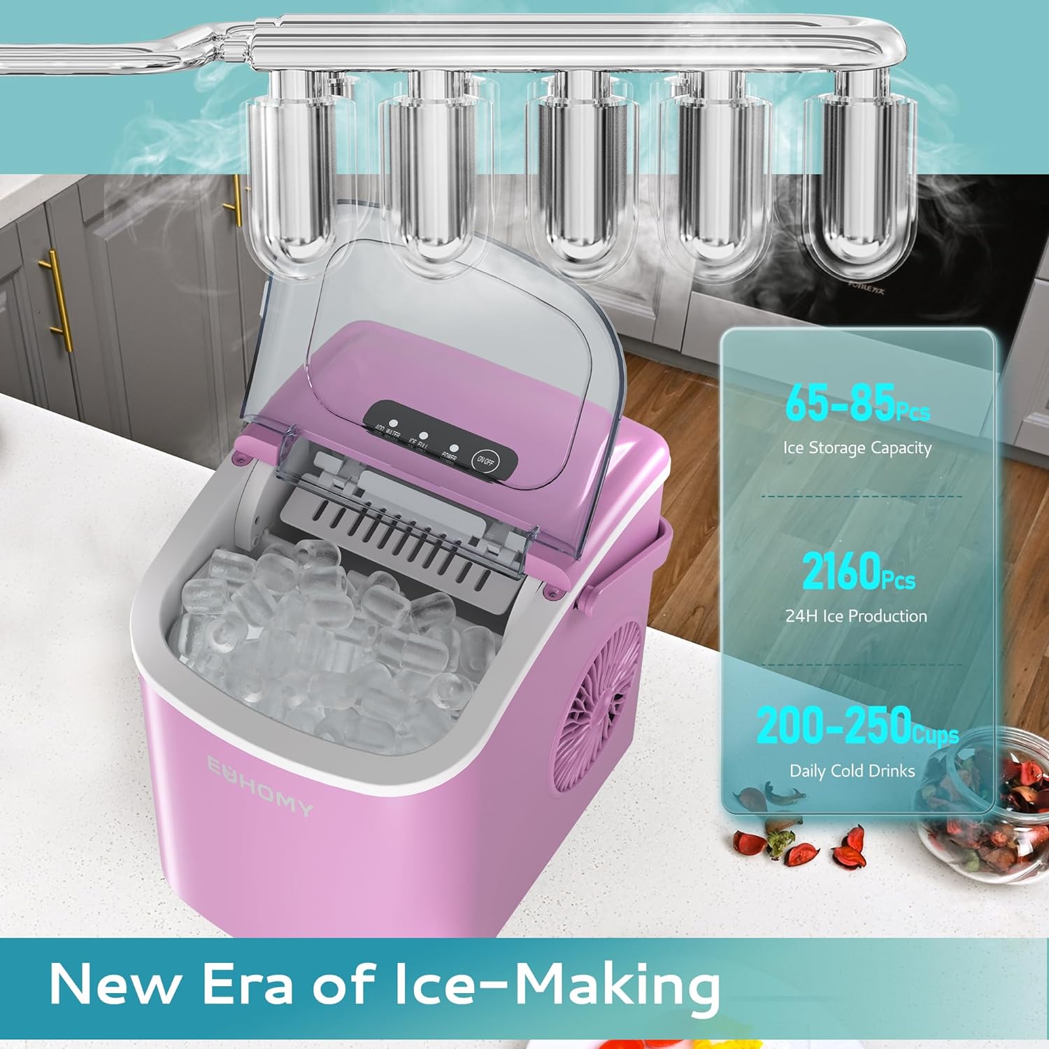 EUHOMY 12'' Pink Ultra Quieter Bullet Ice Portable Ice Maker with Handle Includes 2 Bottles of Cleaner - Euhomy