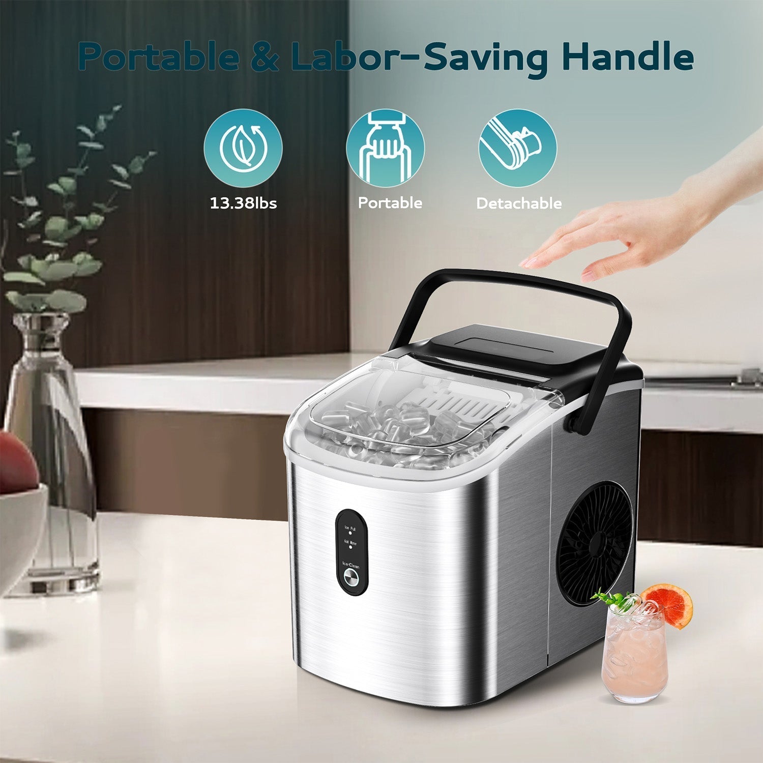 EUHOMY Countertop Ice Maker Machine with Handle 26.3lbs per Day 9 Bullet in 6 Mins Includes 2 Bottles of Cleaner - Euhomy
