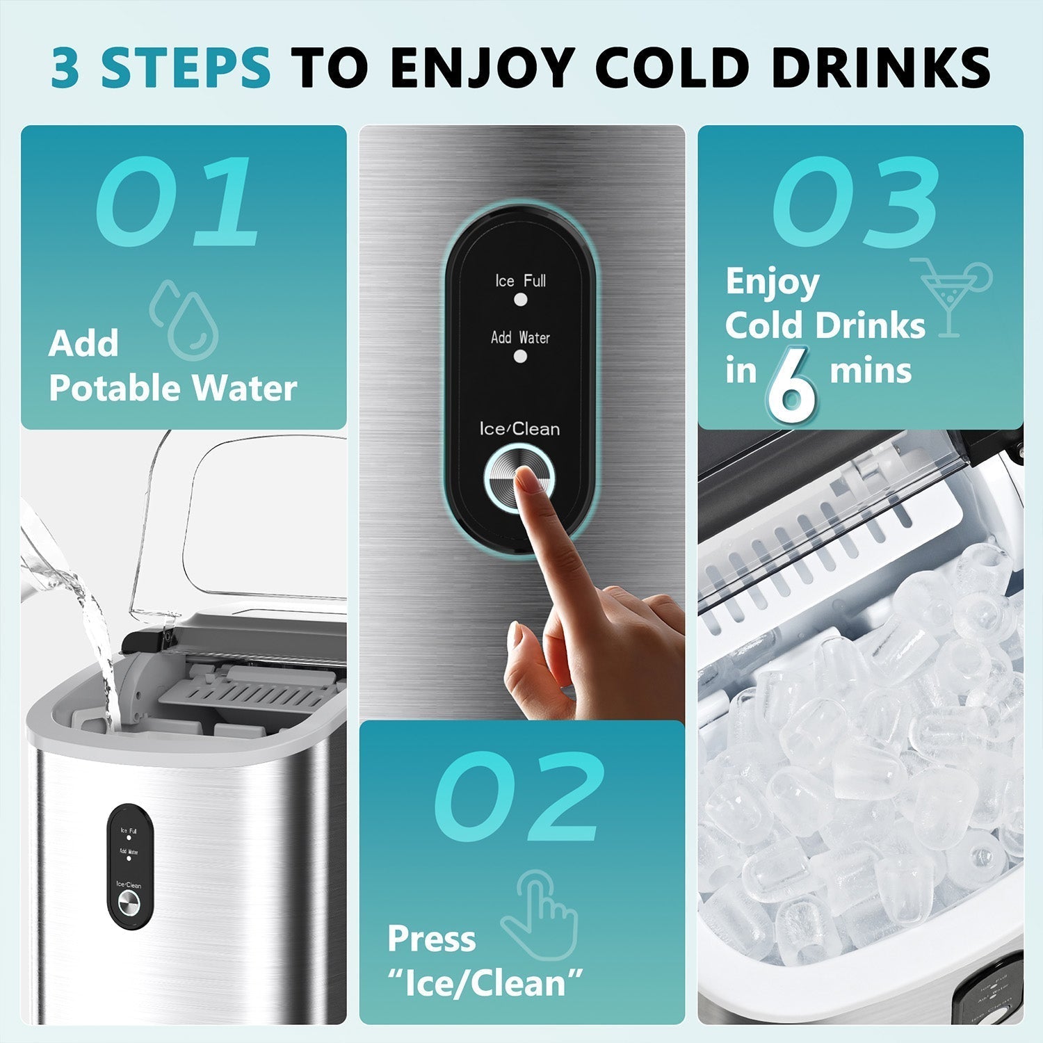 EUHOMY Countertop Ice Maker Machine with Handle 26.3lbs per Day 9 Bullet in 6 Mins Includes 2 Bottles of Cleaner - Euhomy