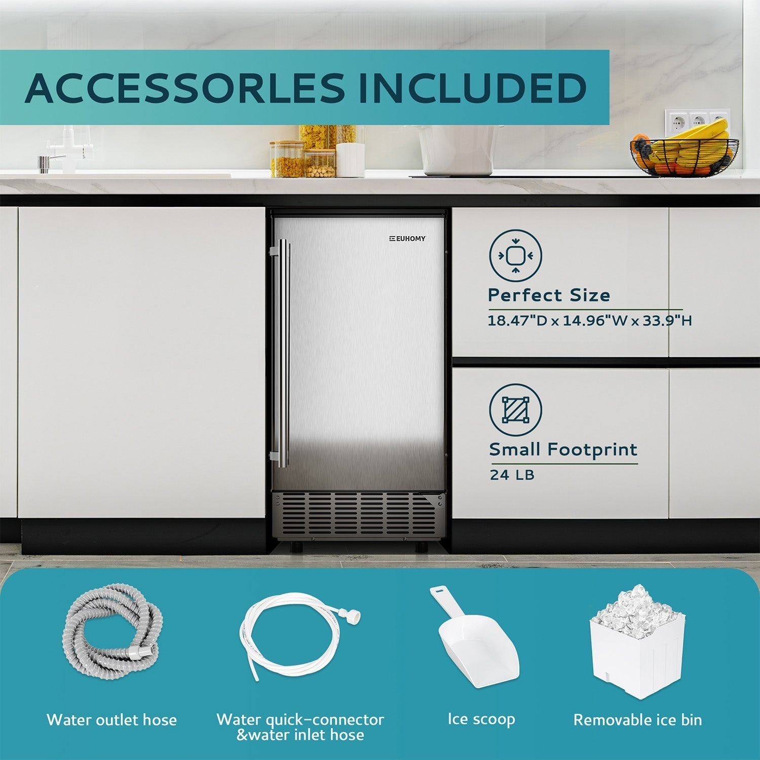 EUHOMY Free Standing Commercial Ice Machine 24LBS Fast Ice Making Includes 2 Bottles of Cleaner - Euhomy