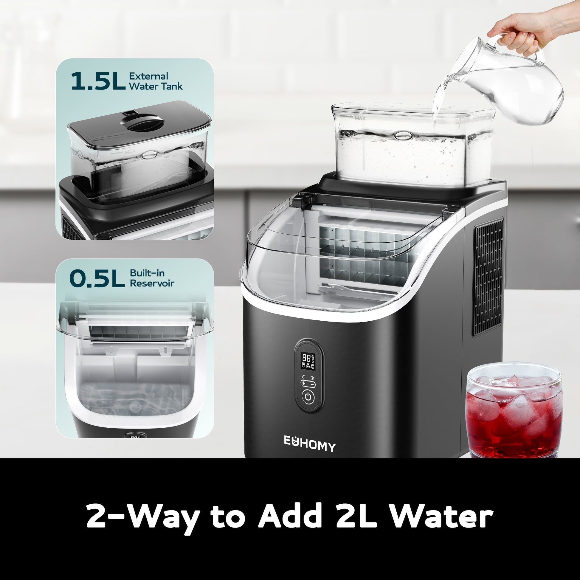 EUHOMY Ice Cube Maker Machine Countertop with External Water Tank, 34Lbs, 16Pcs Ready in 13 Mins, 2 Ways to Add Water, Auto-Cleaning, with Ice Scoop & Basket Includes 2 Bottles of Cleaner - Euhomy